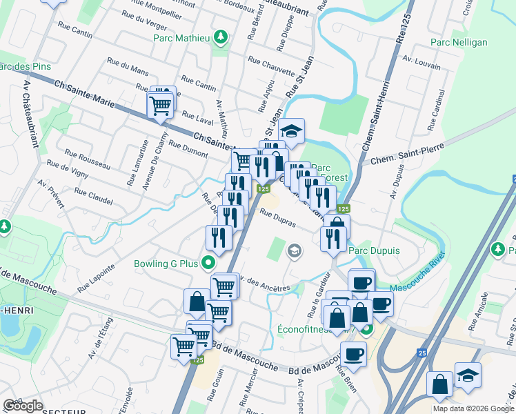 map of restaurants, bars, coffee shops, grocery stores, and more near in Mascouche