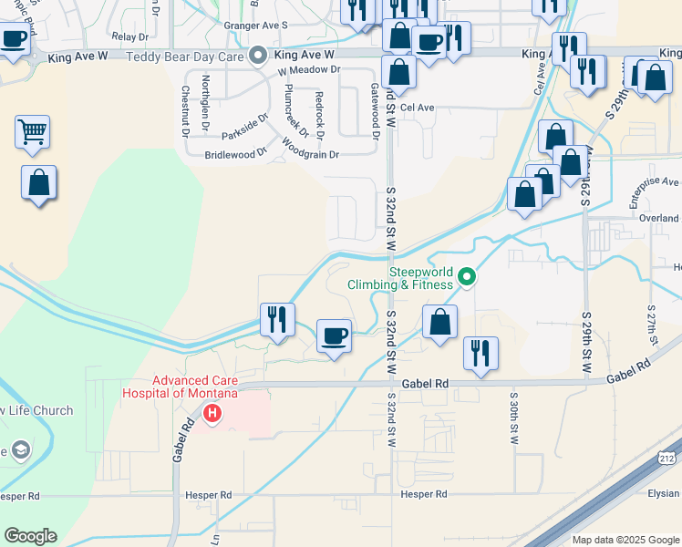 map of restaurants, bars, coffee shops, grocery stores, and more near 1205 North Transtech Way in Billings