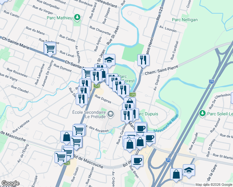 map of restaurants, bars, coffee shops, grocery stores, and more near 2952 Chemin Sainte-Marie in Mascouche