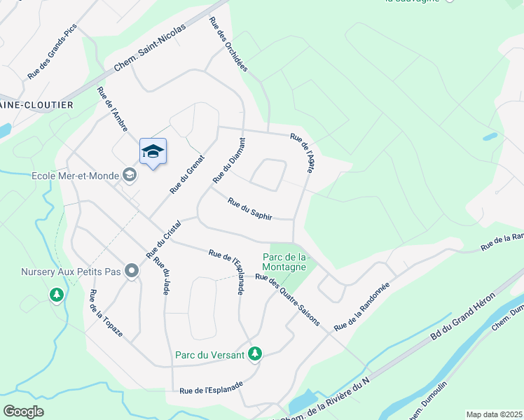map of restaurants, bars, coffee shops, grocery stores, and more near 16825 Rue du Saphir in Mirabel