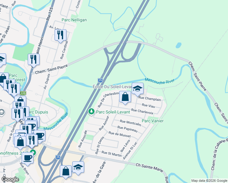 map of restaurants, bars, coffee shops, grocery stores, and more near 1148 Rue Charlesbourg in Mascouche