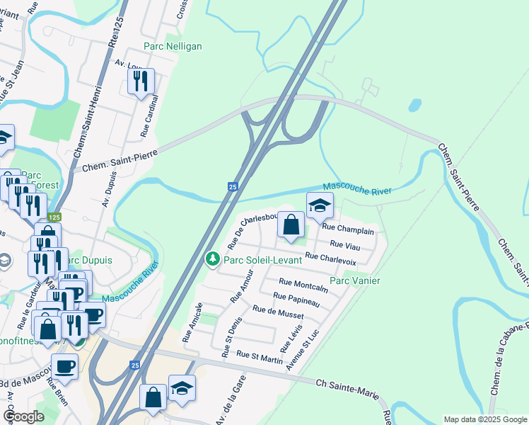 map of restaurants, bars, coffee shops, grocery stores, and more near 1148 Rue Charlesbourg in Mascouche