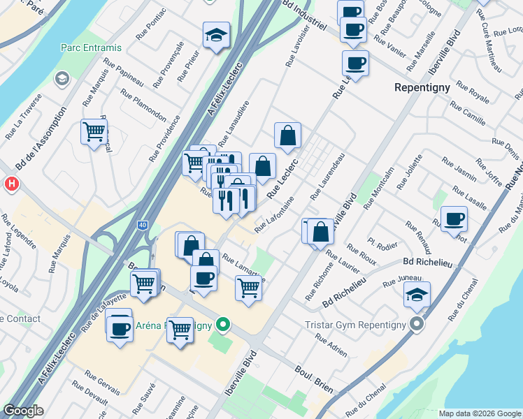 map of restaurants, bars, coffee shops, grocery stores, and more near 522 Rue Leclerc in Repentigny