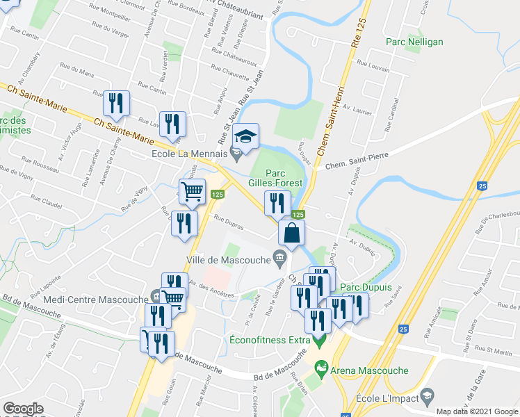 map of restaurants, bars, coffee shops, grocery stores, and more near 2948 Chemin Sainte-Marie in Mascouche