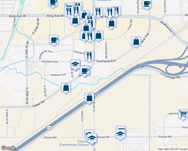 map of restaurants, bars, coffee shops, grocery stores, and more near 1302 24th Street West in Billings