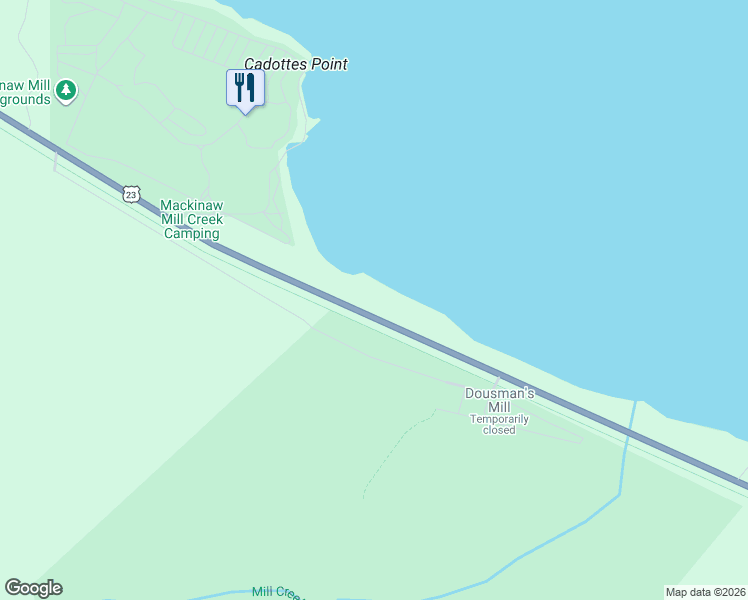 map of restaurants, bars, coffee shops, grocery stores, and more near 9380 U.S. 23 in Mackinaw City