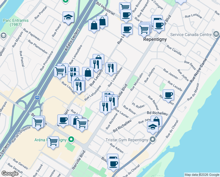 map of restaurants, bars, coffee shops, grocery stores, and more near 566 Rue Laurendeau in Repentigny