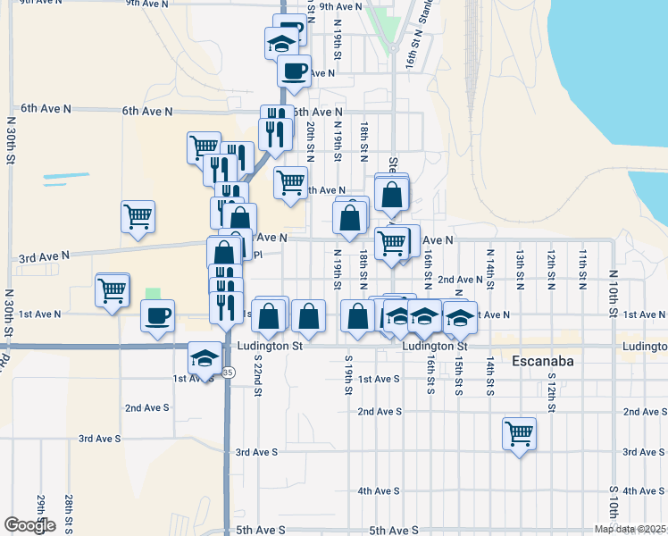 map of restaurants, bars, coffee shops, grocery stores, and more near 301-331 North 19th Street in Escanaba