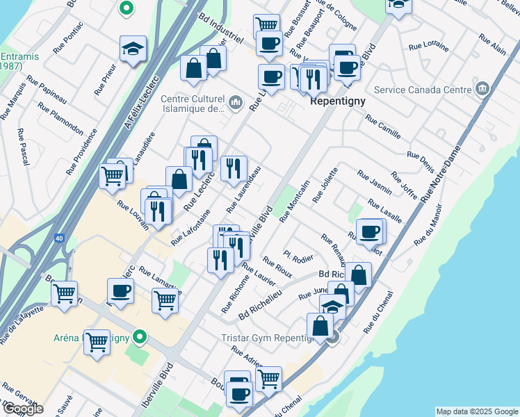 map of restaurants, bars, coffee shops, grocery stores, and more near 569 Iberville Boulevard in Repentigny