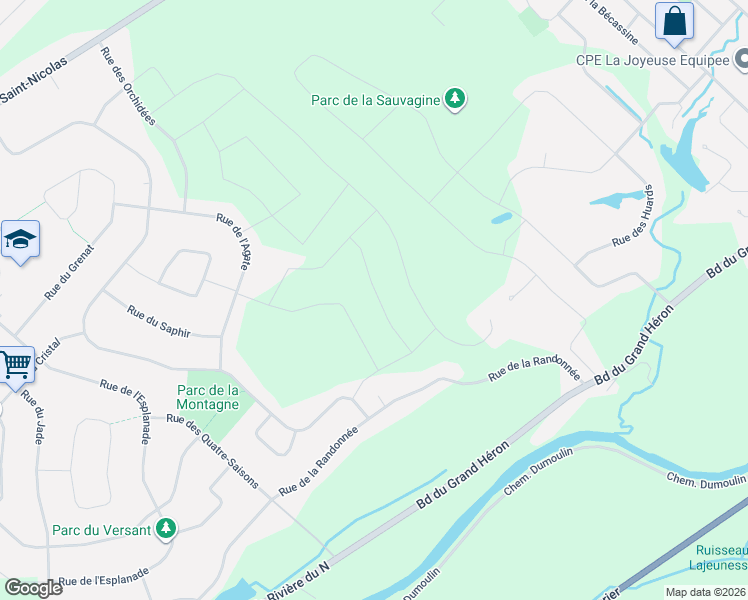 map of restaurants, bars, coffee shops, grocery stores, and more near 16940 Rue Du Zircon in Mirabel
