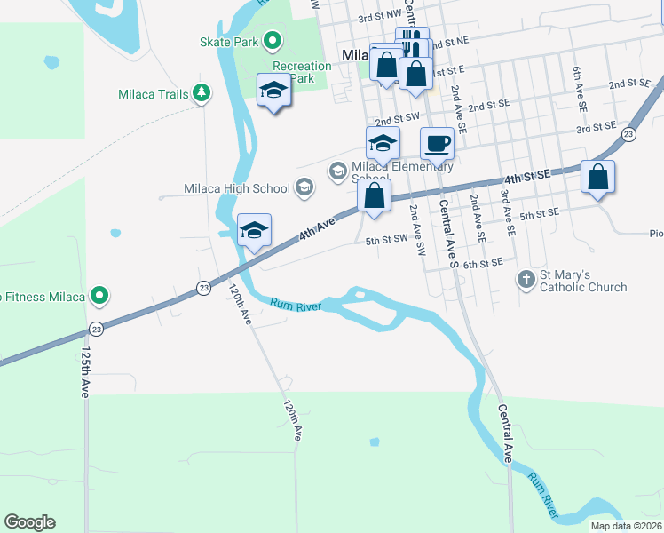 map of restaurants, bars, coffee shops, grocery stores, and more near 445 5th Street Southwest in Milaca