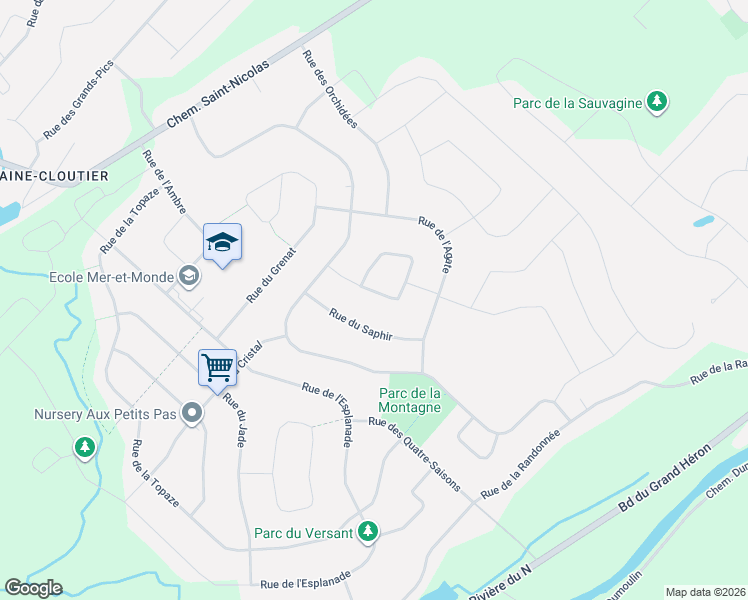 map of restaurants, bars, coffee shops, grocery stores, and more near 11540 Rue de l'Onyx in Mirabel