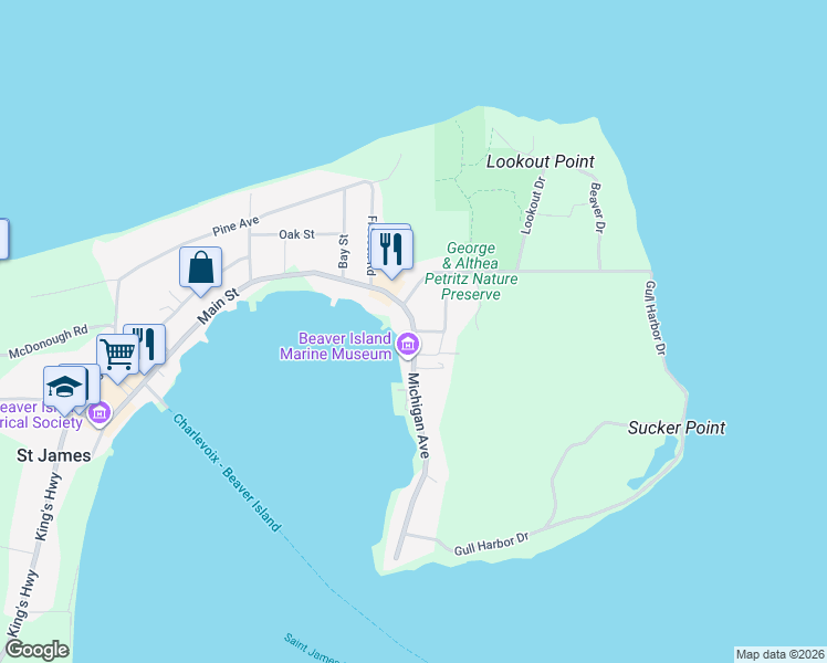 map of restaurants, bars, coffee shops, grocery stores, and more near 38223 Maple in Beaver Island