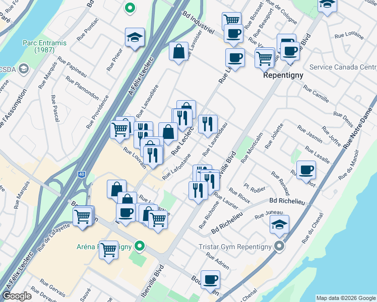 map of restaurants, bars, coffee shops, grocery stores, and more near 543 Rue Lafontaine in Repentigny