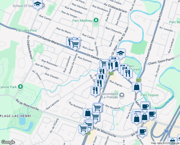 map of restaurants, bars, coffee shops, grocery stores, and more near 2813 Rue Desportes in Mascouche