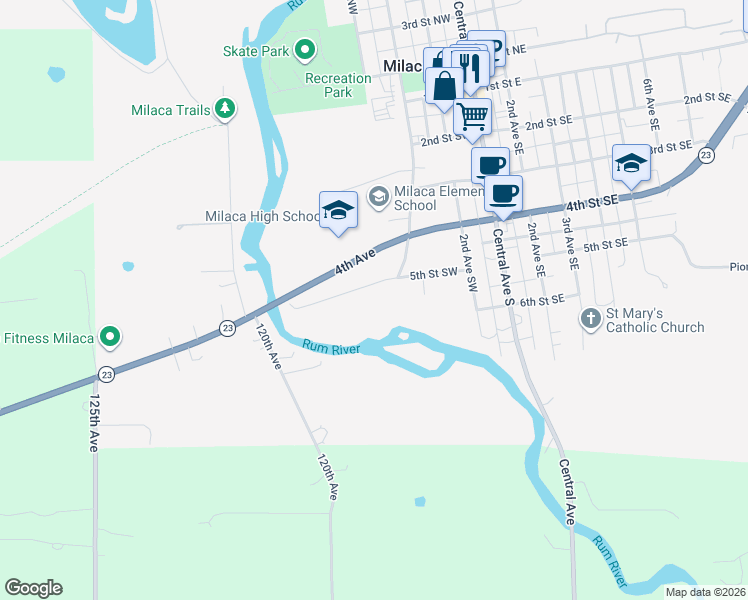 map of restaurants, bars, coffee shops, grocery stores, and more near 445 5th Street Southwest in Milaca