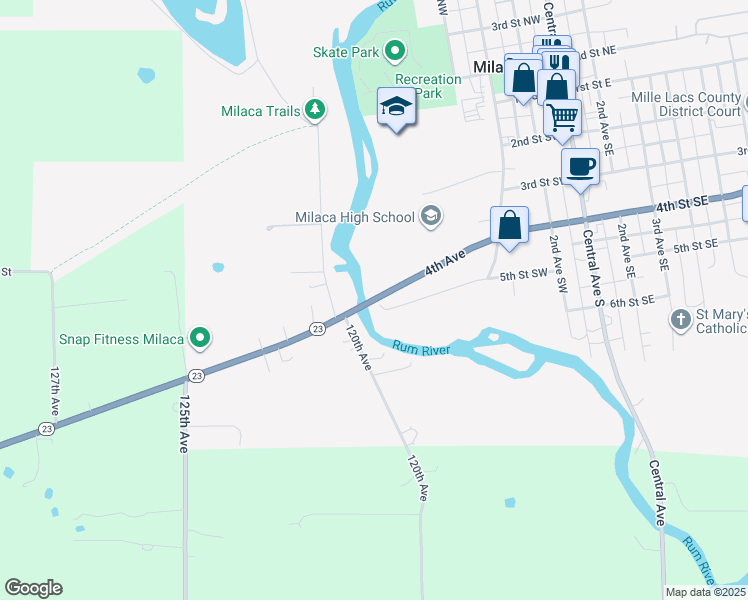 map of restaurants, bars, coffee shops, grocery stores, and more near 515 Southwest River Drive in Milaca