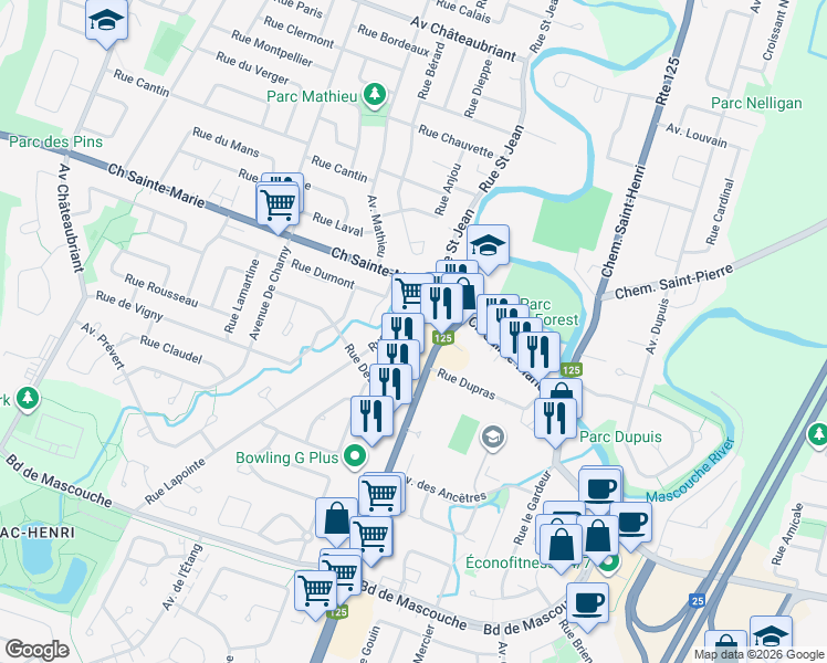 map of restaurants, bars, coffee shops, grocery stores, and more near 1056-1100 Montée Masson in Mascouche