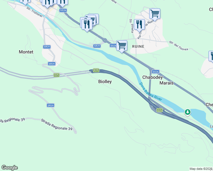 map of restaurants, bars, coffee shops, grocery stores, and more near 21 Frazione Biolley in Biolley