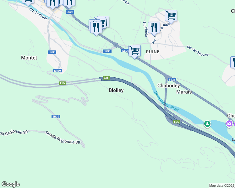 map of restaurants, bars, coffee shops, grocery stores, and more near 21 Frazione Biolley in Biolley