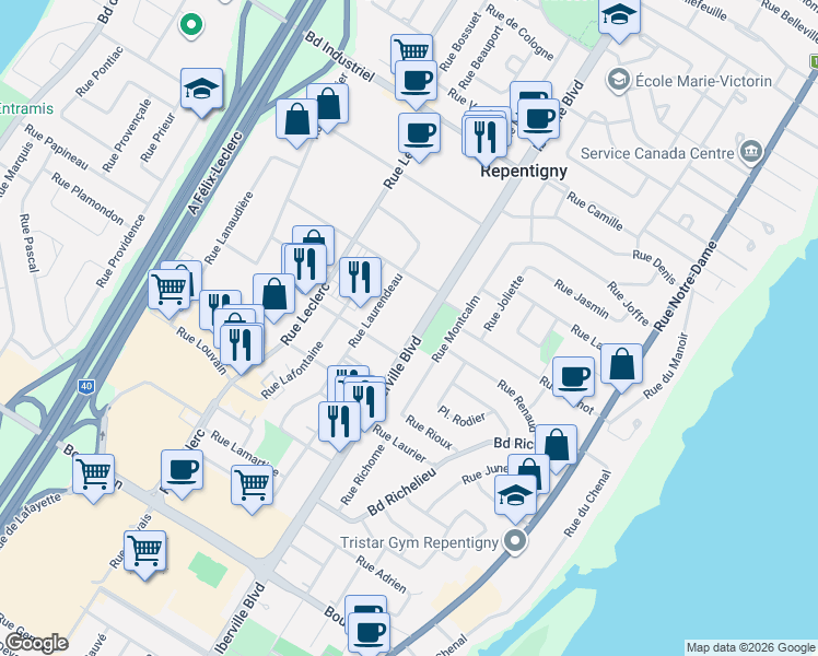 map of restaurants, bars, coffee shops, grocery stores, and more near 569 Boulevard Iberville in Repentigny