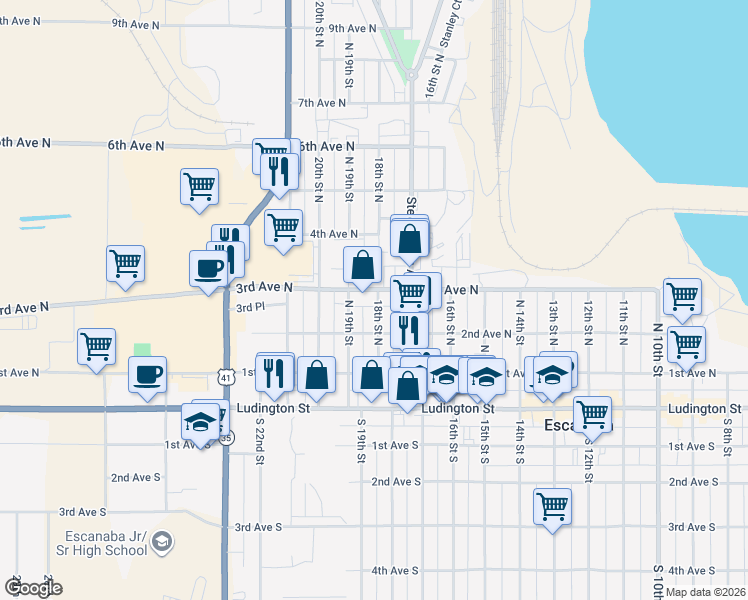 map of restaurants, bars, coffee shops, grocery stores, and more near 301-325 18th Street North in Escanaba