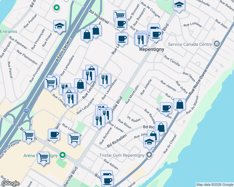 map of restaurants, bars, coffee shops, grocery stores, and more near 569 Iberville Boulevard in Repentigny