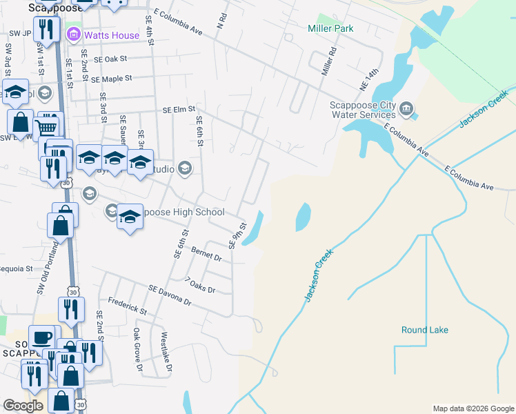 map of restaurants, bars, coffee shops, grocery stores, and more near 52010 Southeast Icenogle Loop in Scappoose