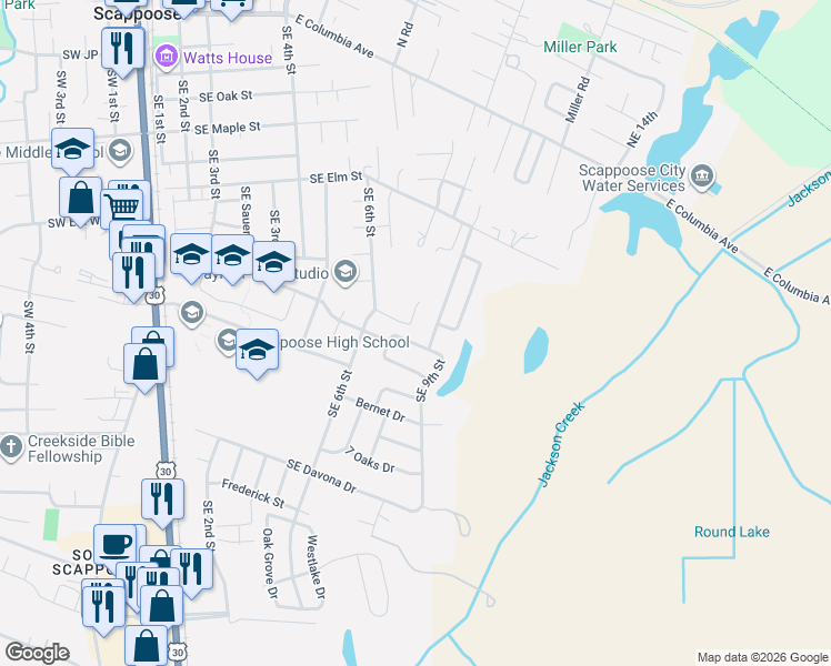 map of restaurants, bars, coffee shops, grocery stores, and more near 33953 Southeast Uhlman Lane in Scappoose