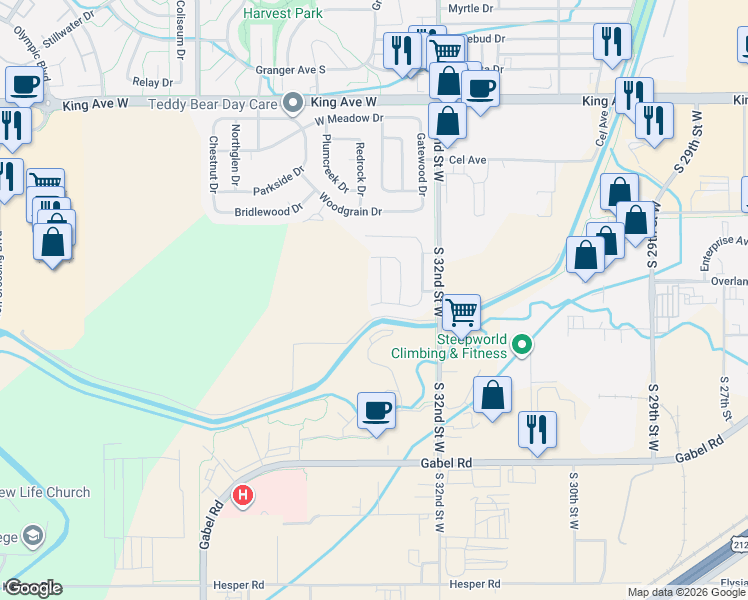 map of restaurants, bars, coffee shops, grocery stores, and more near 28 Willow Bend Drive South in Billings