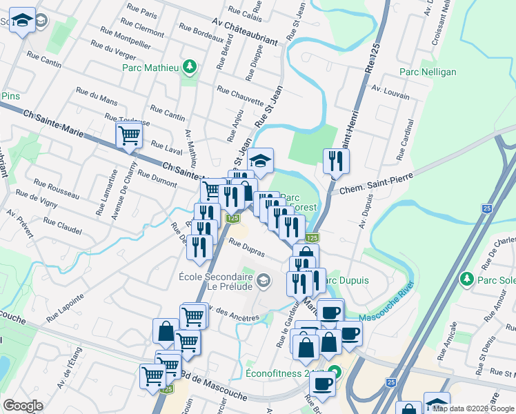 map of restaurants, bars, coffee shops, grocery stores, and more near 2901 Chemin Sainte-Marie in Mascouche
