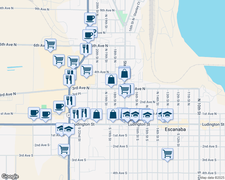 map of restaurants, bars, coffee shops, grocery stores, and more near 301-325 18th Street North in Escanaba