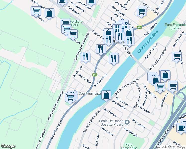 map of restaurants, bars, coffee shops, grocery stores, and more near 307 Boulevard Lacombe in Repentigny
