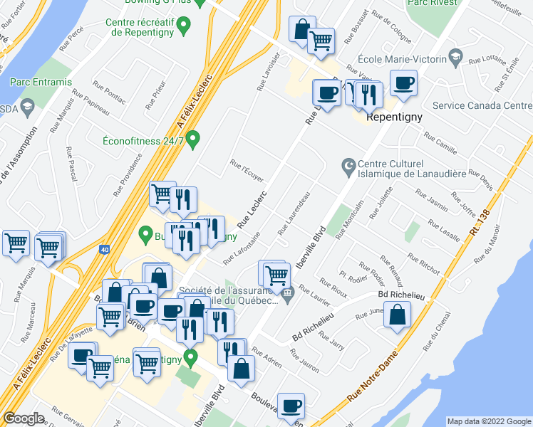 map of restaurants, bars, coffee shops, grocery stores, and more near 555 Rue Lafontaine in Repentigny