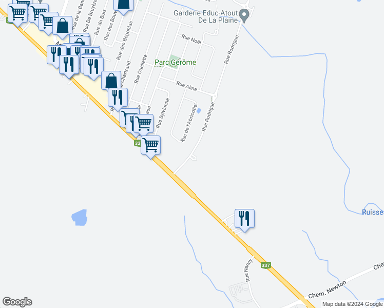 map of restaurants, bars, coffee shops, grocery stores, and more near 1043 Rue Rodrigue in Terrebonne