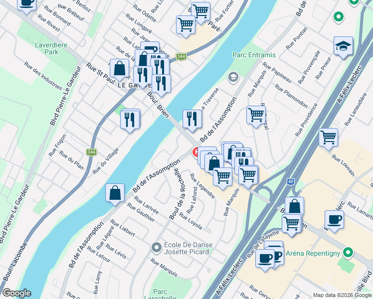 map of restaurants, bars, coffee shops, grocery stores, and more near 509 Boulevard de l'Assomption in Repentigny