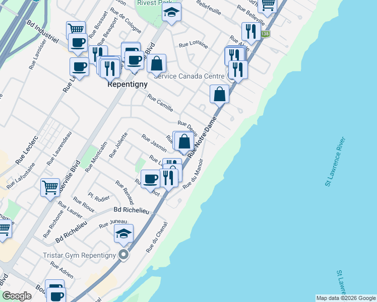 map of restaurants, bars, coffee shops, grocery stores, and more near 621 Rue Notre Dame in Repentigny