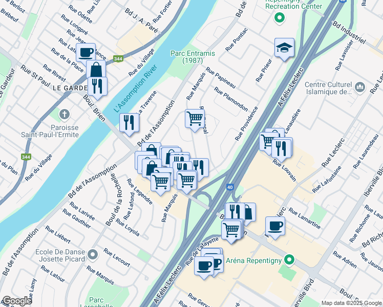 map of restaurants, bars, coffee shops, grocery stores, and more near 549 Rue Marquis in Repentigny