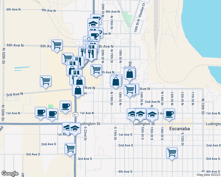map of restaurants, bars, coffee shops, grocery stores, and more near 331 North 19th Street in Escanaba