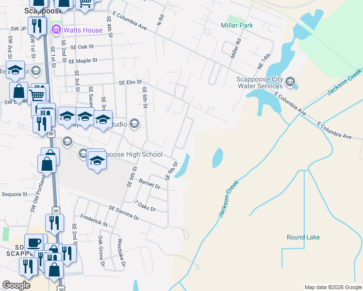 map of restaurants, bars, coffee shops, grocery stores, and more near 52005 Southeast Icenogle Loop in Scappoose