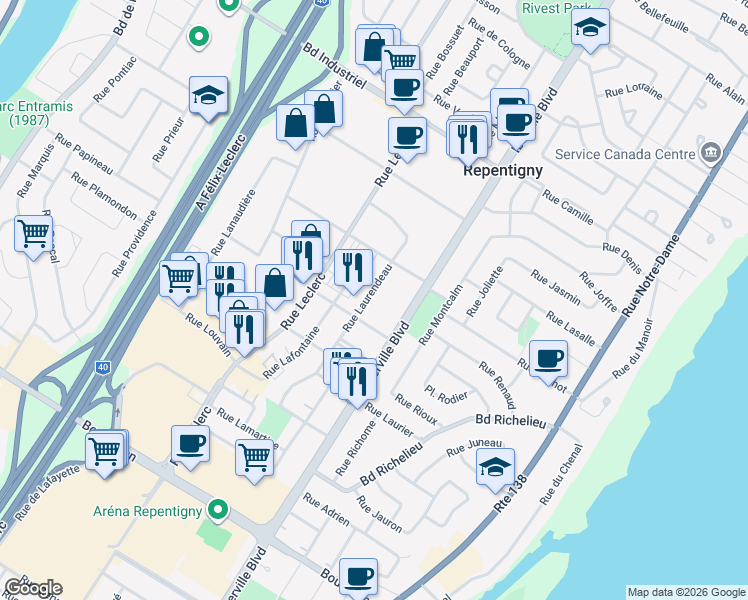 map of restaurants, bars, coffee shops, grocery stores, and more near 578 Rue Laurendeau in Repentigny