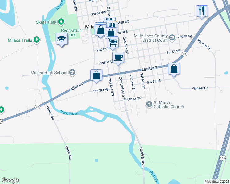 map of restaurants, bars, coffee shops, grocery stores, and more near 465 2nd Avenue Southeast in Milaca