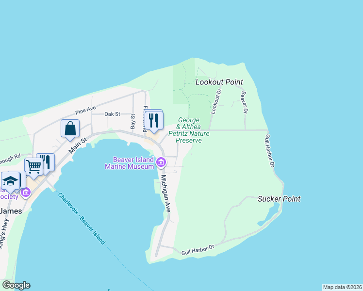 map of restaurants, bars, coffee shops, grocery stores, and more near 38223-38231 Maple in Charlevoix