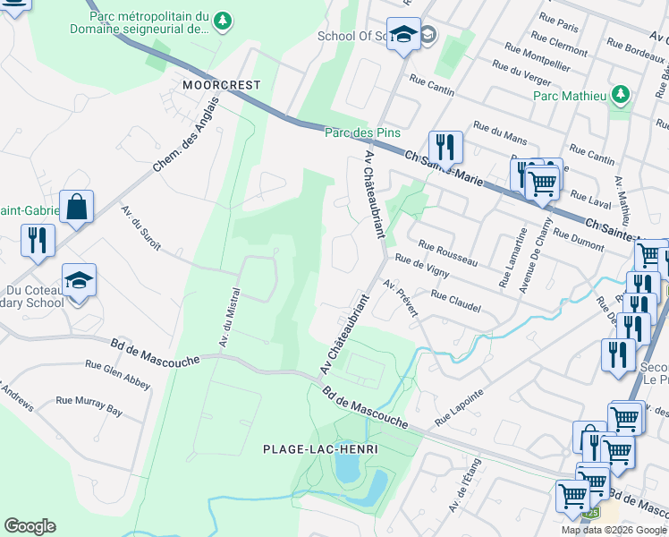 map of restaurants, bars, coffee shops, grocery stores, and more near 2395 Croissant François Villon in Mascouche