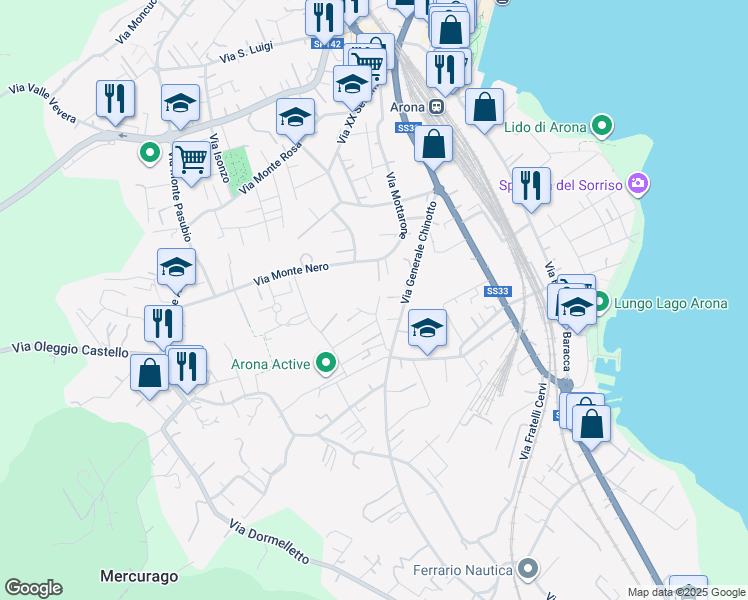 map of restaurants, bars, coffee shops, grocery stores, and more near 20 Via Generale A. Diaz in Arona