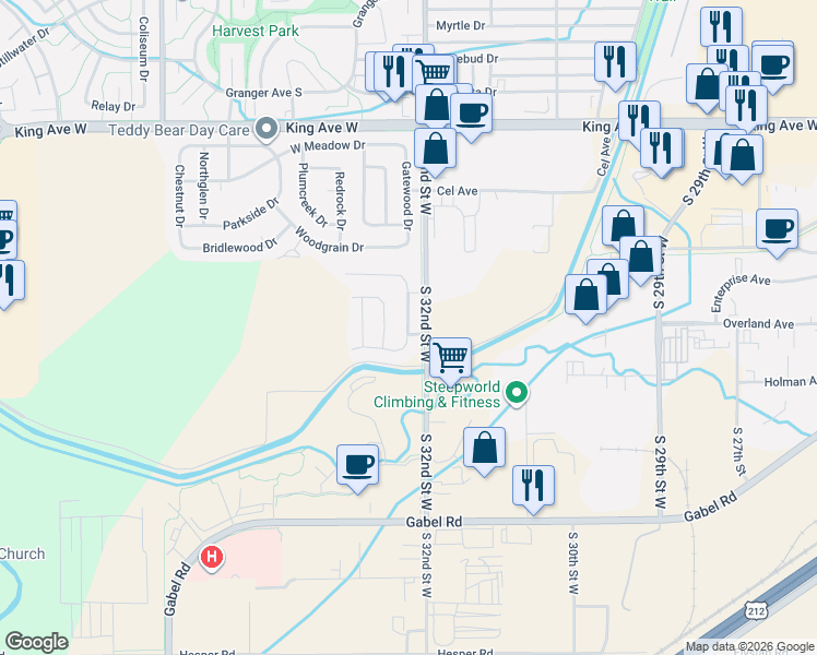 map of restaurants, bars, coffee shops, grocery stores, and more near 1164 32nd Street Southwest in Billings