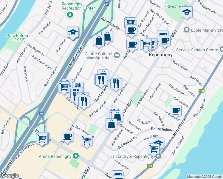 map of restaurants, bars, coffee shops, grocery stores, and more near 557 Rue Lafontaine in Repentigny
