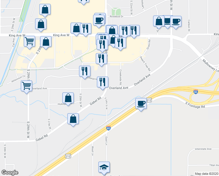 map of restaurants, bars, coffee shops, grocery stores, and more near 2373 Overland Avenue in Billings