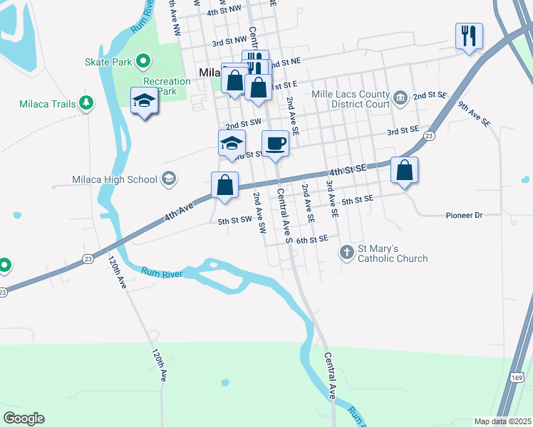 map of restaurants, bars, coffee shops, grocery stores, and more near 465 2nd Avenue Southeast in Milaca
