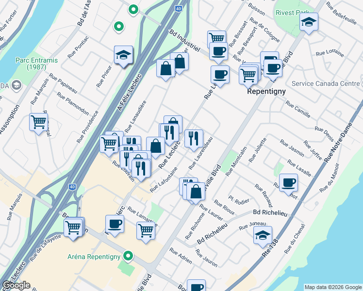map of restaurants, bars, coffee shops, grocery stores, and more near 556 Rue Leclerc in Repentigny